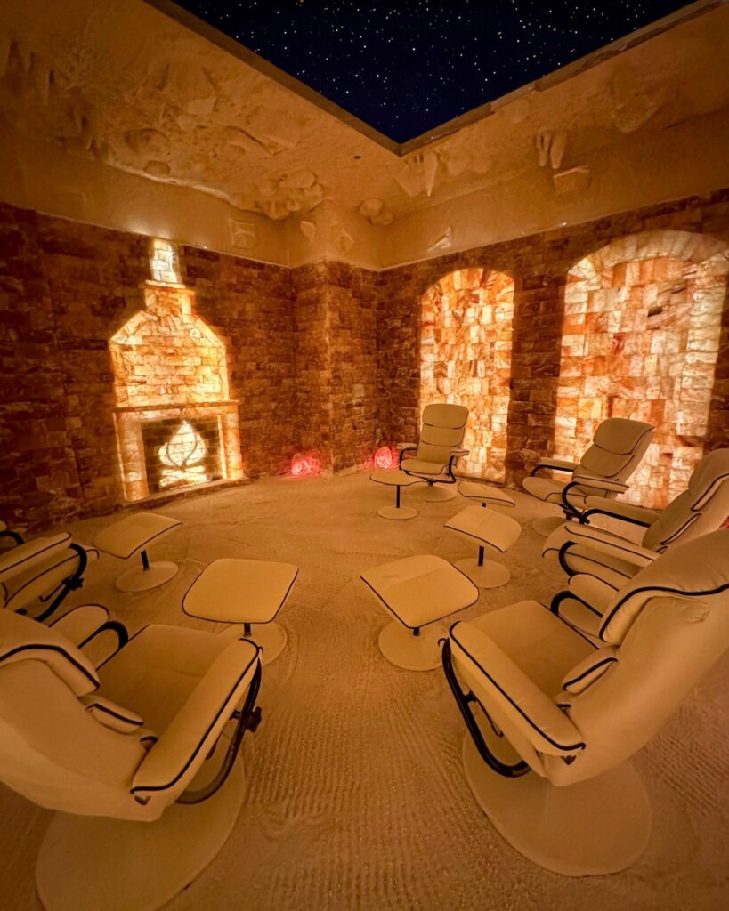 Salt therapy cabin beside a quiet garden